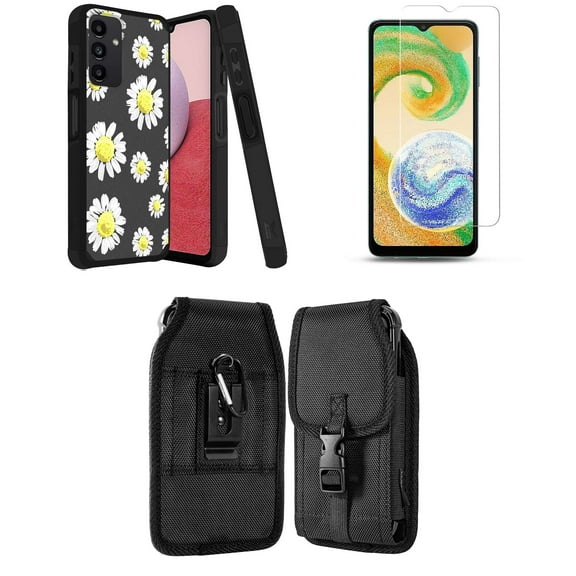 MK Dual Layer Slim Case for Galaxy A14 5G with Durable Shockproof Impact Resistant Protective Cover with Glass Screen Protector and Vertical Rugged Release Buckle Belt Holster Pouch (Chamomile Floral)