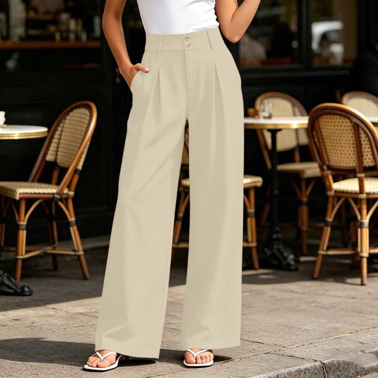 ladies dress pants at walmart Pounoo Womens Wide Leg Pants High Waist Double Button Pleated Wide Leg  Plain Womens Dress Pants Loose Fit Formal Occasion Soft Womens Dress Pants