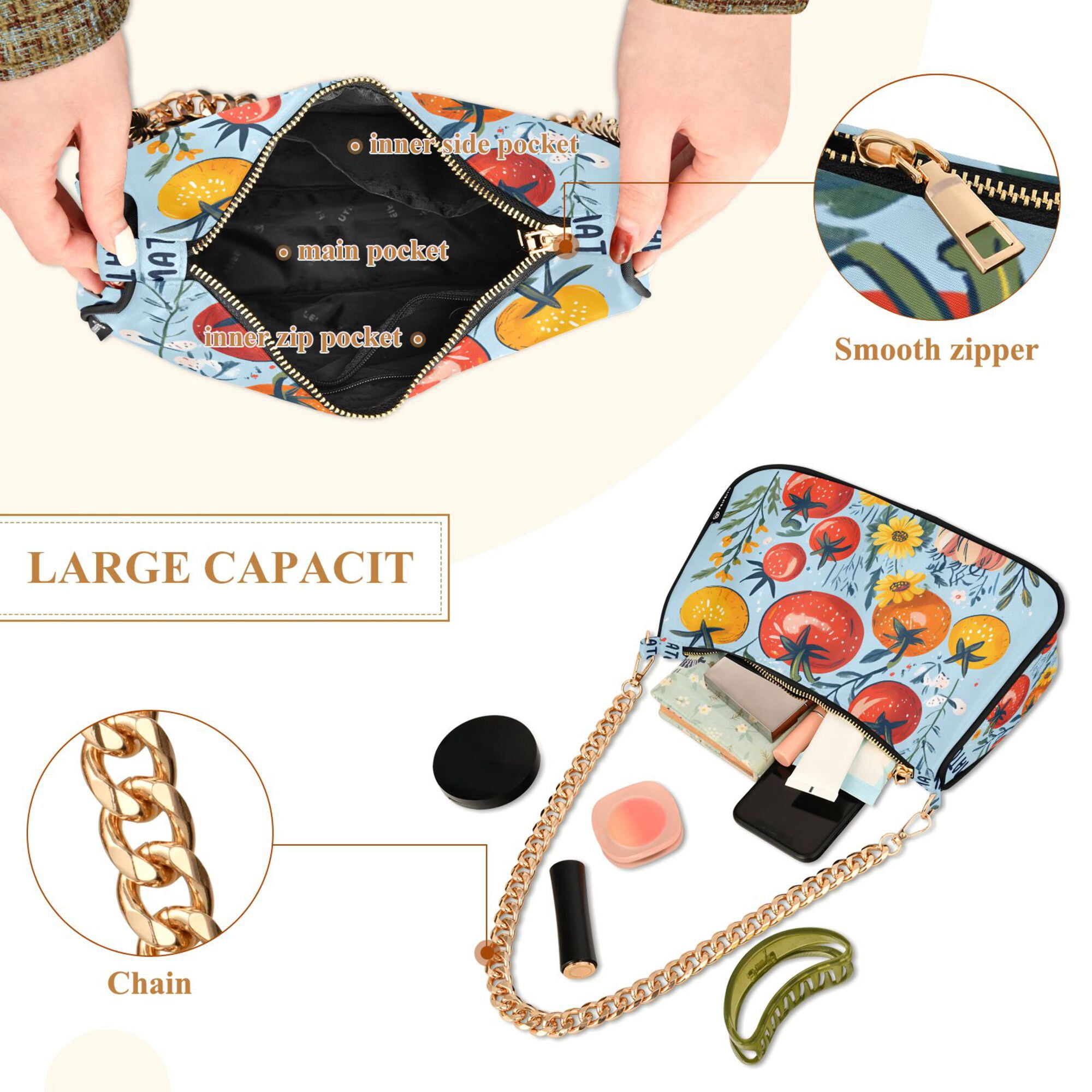 FORMRS Womens Shoulder Bag with Chain Strap Clutch Purse Cute Tote Handbag, Yellow Floral Tomatoes