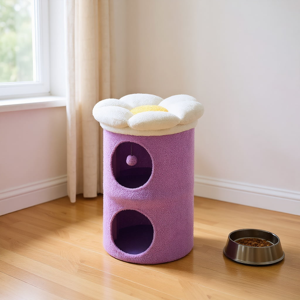 Pefilos 28" 2-Level Cat House Condo with Tree, 2 Cave Bed & Removable Flower Cat Cushion, Purple