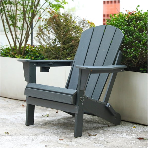 JERFIT Folding Adirondack Chair with Dual Cup Holders, Weather-Resistant HDPE Plastic Outdoor Lounge Chair, Comfortable Gray Patio Furniture for Garden, Beach, Pool & Deck