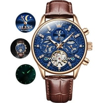 OLEVS Automatic Watches for Men Self Winding Mechanical Chronograph Skeleton Flywheel Luxury Dress Black Brown Leather Diamond Moon Phase Waterproof Luminous Mens Wrist Watches Reloj Para Hombre