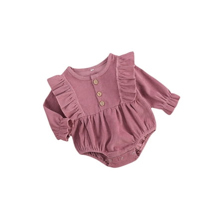 

Canrulo Newborn Baby Girls Corduroy Romper Flare Ruffle Long Sleeve Button Jumpsuit Outfits Purple 6-12 Months