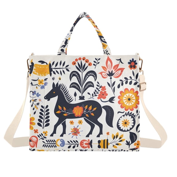 Boho Tribal Horse Flowers Leaves Corduroy Tote Bag Handbag Large Messenger Bag Shoulder Crossbody Zipper Bag Purse