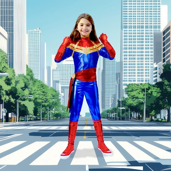 Blue and Red Girls Children Halloween Captain Marvel Costume - Small 5-6