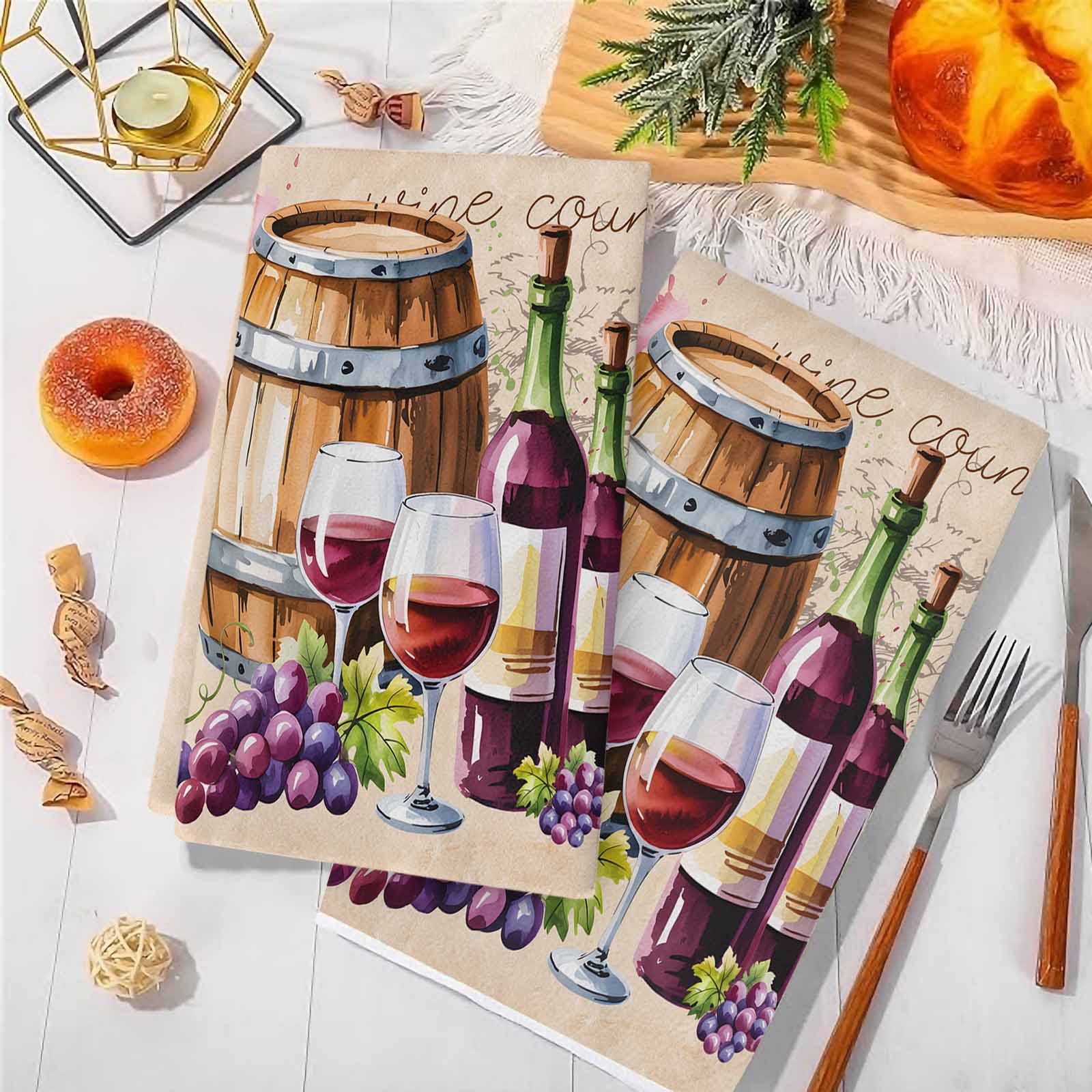 Dish Towels, Wine Cask Absorbent Kitchen Towels 2 PCS, Retro Farmhouse Grape Microfiber Hand Towels Dish Cloths Tea Towels for Home&nbsp;Bathroom Cleaning Drying,18X28-Inch,