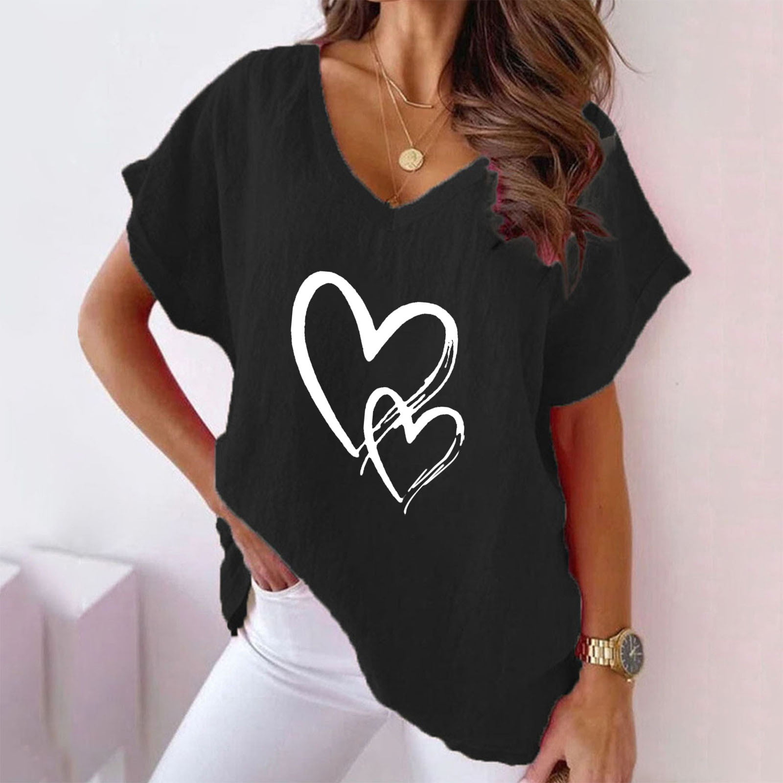 Womens V Neck T Shirts Lace Up Sweet Heart Print,Daily