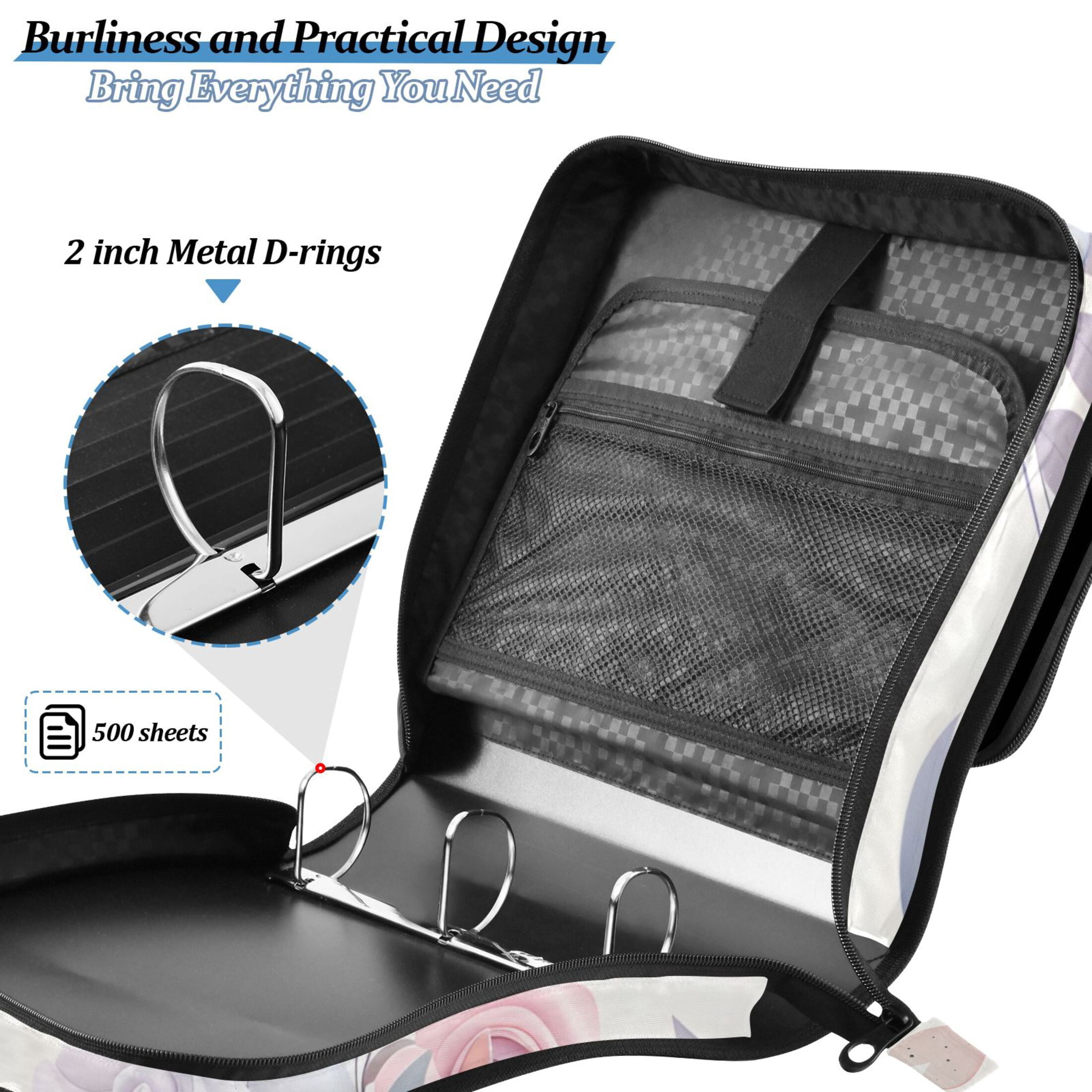 3 Ring Zipper Binder with Shoulder Strap Waterproof Trapper Keeper 2 Inch D-Ring 500 Sheets Capacity Hearts and Roses