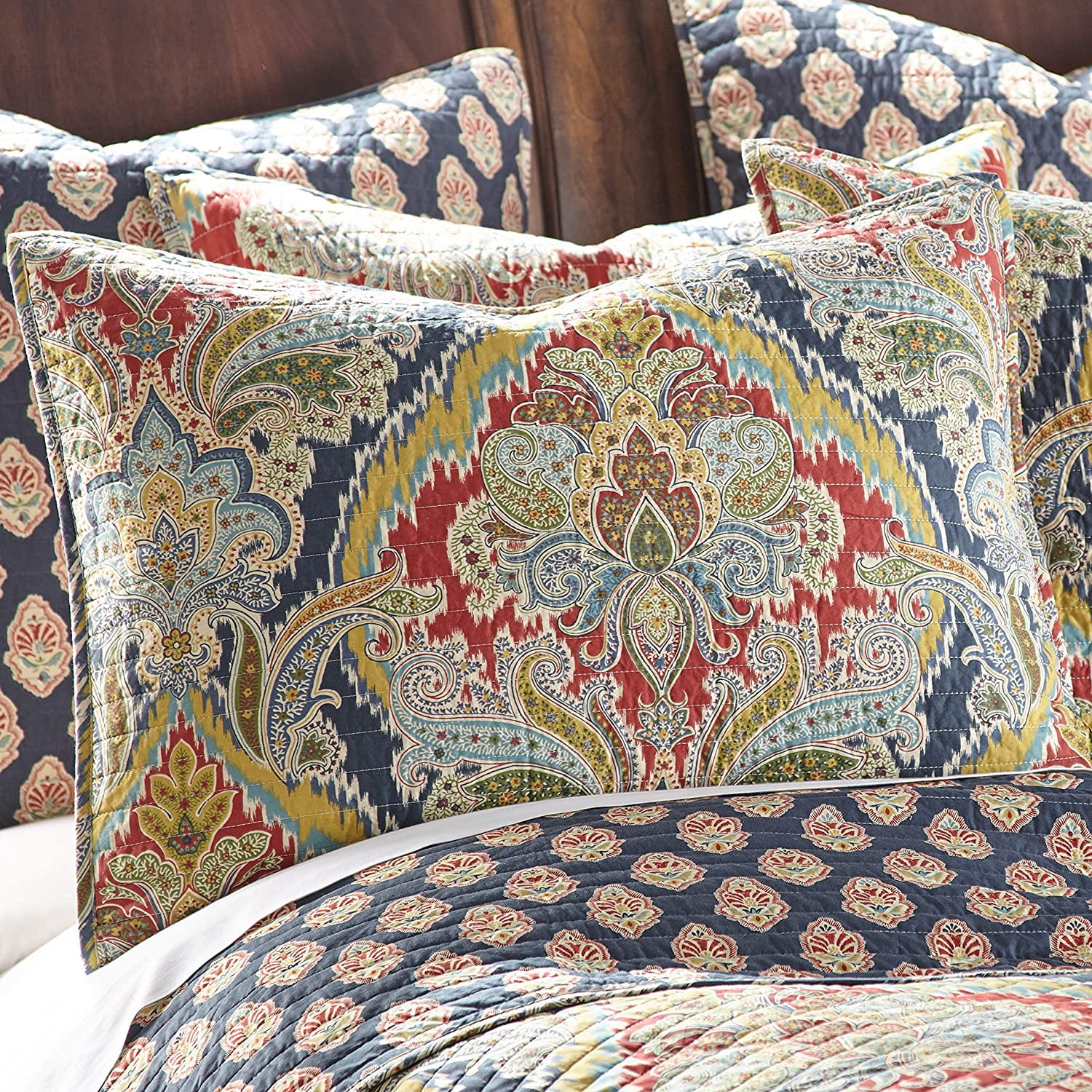 Levtex Home - Moreno Quilt Set - King Quilt + Two King Pillow Shams - Traditional Damask - Red, Blue, Grey, Gold, Teal - Quilt (106x92in.) and Pillow Shams (36x20in. ) - Reversible - Cotton