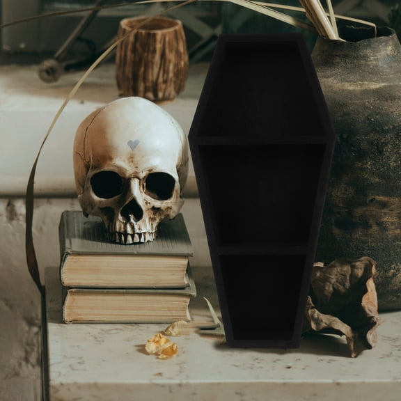 Coffin-Shaped Wooden Shelf for Spooky Goth Decor and Storage in Black 1 Piece