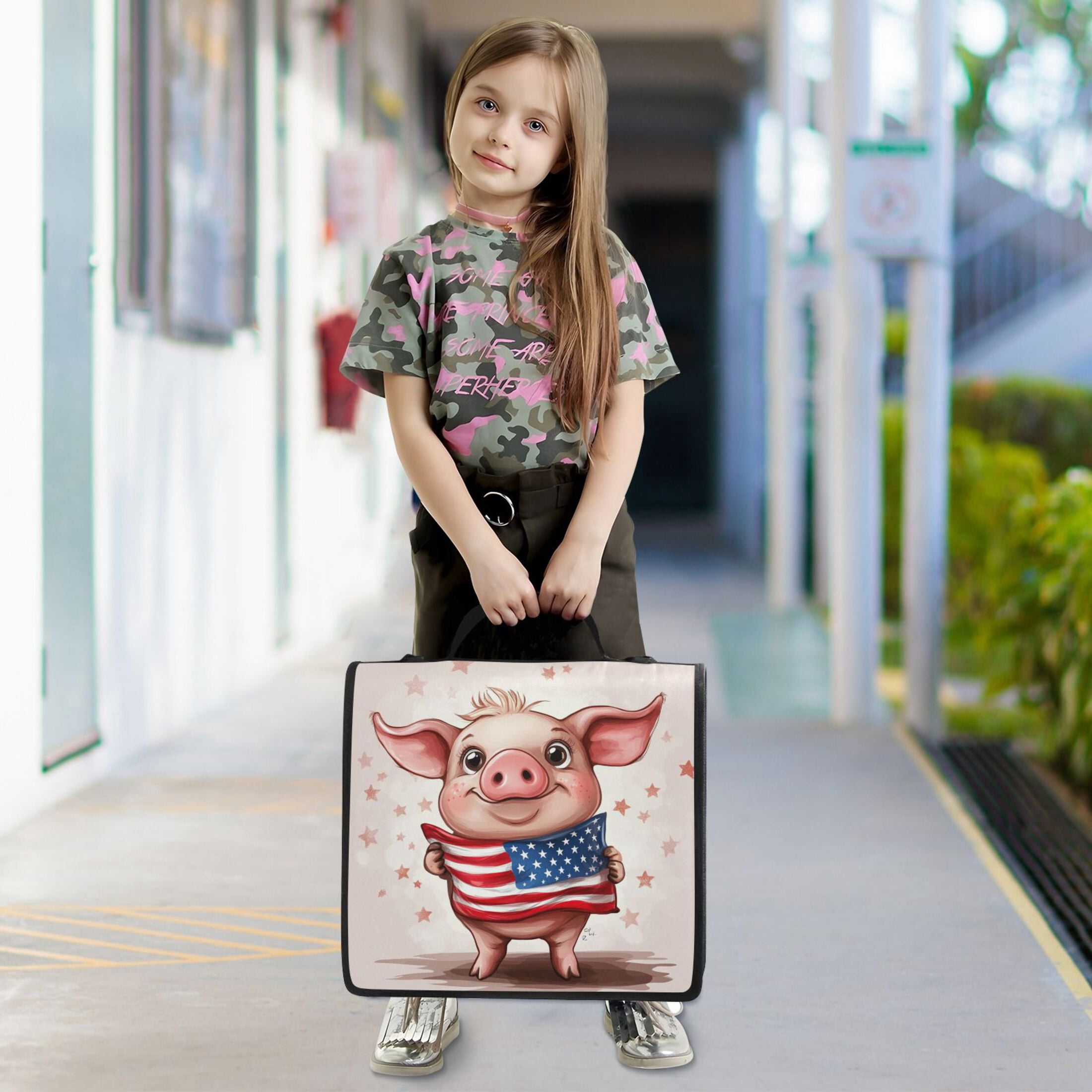 3 Ring Zipper Binder with Shoulder Strap Waterproof Trapper Keeper 2 Inch D-Ring 500 Sheets Capacity Cartoon Pig with Usa Flag
