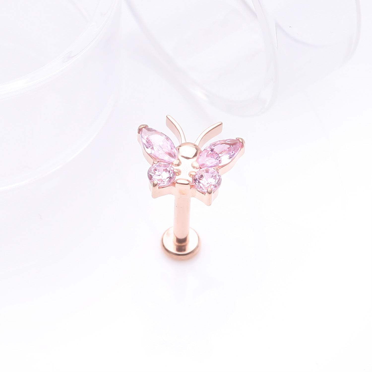 Implant Grade Titanium Rose Gold Butterfly Sparkle Internally Threaded Flat Back Stud Labret