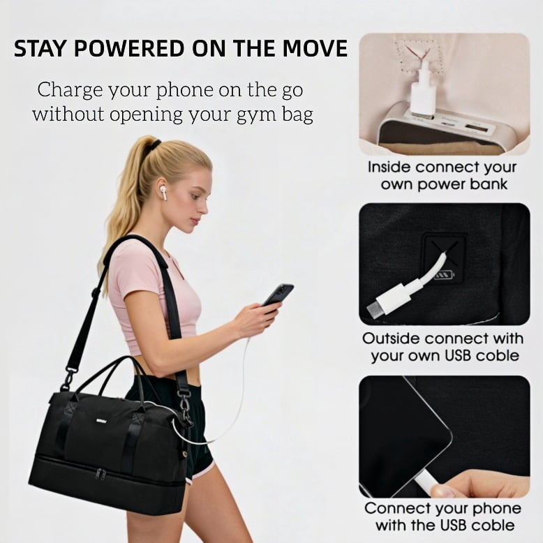 WANDF For Spirit Airlines Travel Bag With Shoe Compartment,18x14x8 Underseat Carry On Bag Weekender Bag with Toiletry Bag,Personal Item Bag With USB Charging Port,Gym Bag With Wet Pocket(Black Bag)