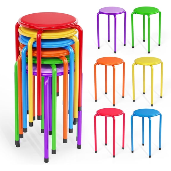 QHTER 18 Inch Padded Stacking Stools, Colorful Portable Nesting Metal Round Stackable Stools Decoration for School Home Kitchen Indoor Outdoor Party, Pack of 6