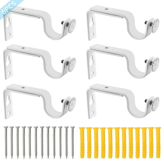 SPOKKI 6 Pcs White Curtain Pole Brackets, Adjustable Curtain Brackets for Poles Metal Curtain Rod Holder with Screws Heavy Duty Curtain Pole Holder for 16-25mm Wall Rods