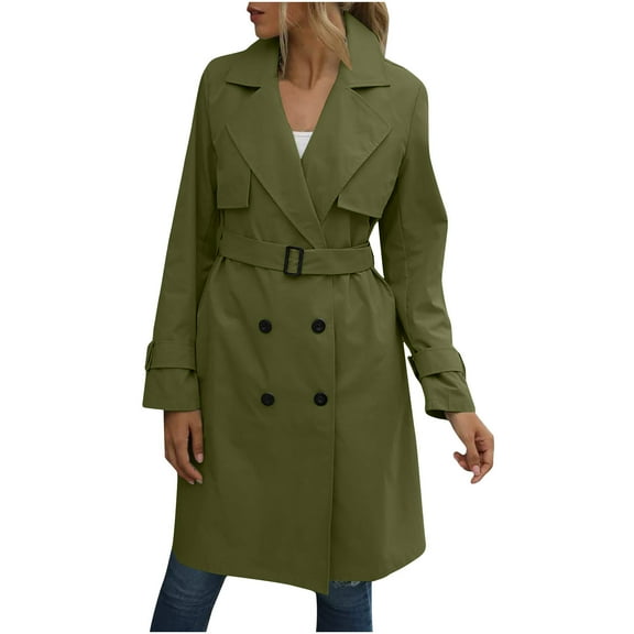 HTNBO Mid Long Trench Coat for Women Double Breasted Classic Lapel Windproof Overcoat Fashion Outerwear with Belt