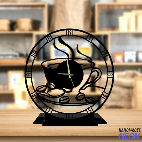 Handmadetneonsign Coffee Mug Tabletop Metal Clock, Coffee Bean Desktop Clock, Cafe Clock Home Decor 75812