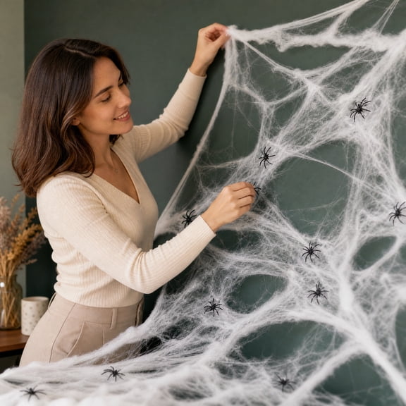 CHJK Fun Costumes White Spider Web Decoration, Halloween Decor Includes 40 Plastic Spiders Stretchy Cobwebs Decorations For Party Yard Garden Spooky Scene Props