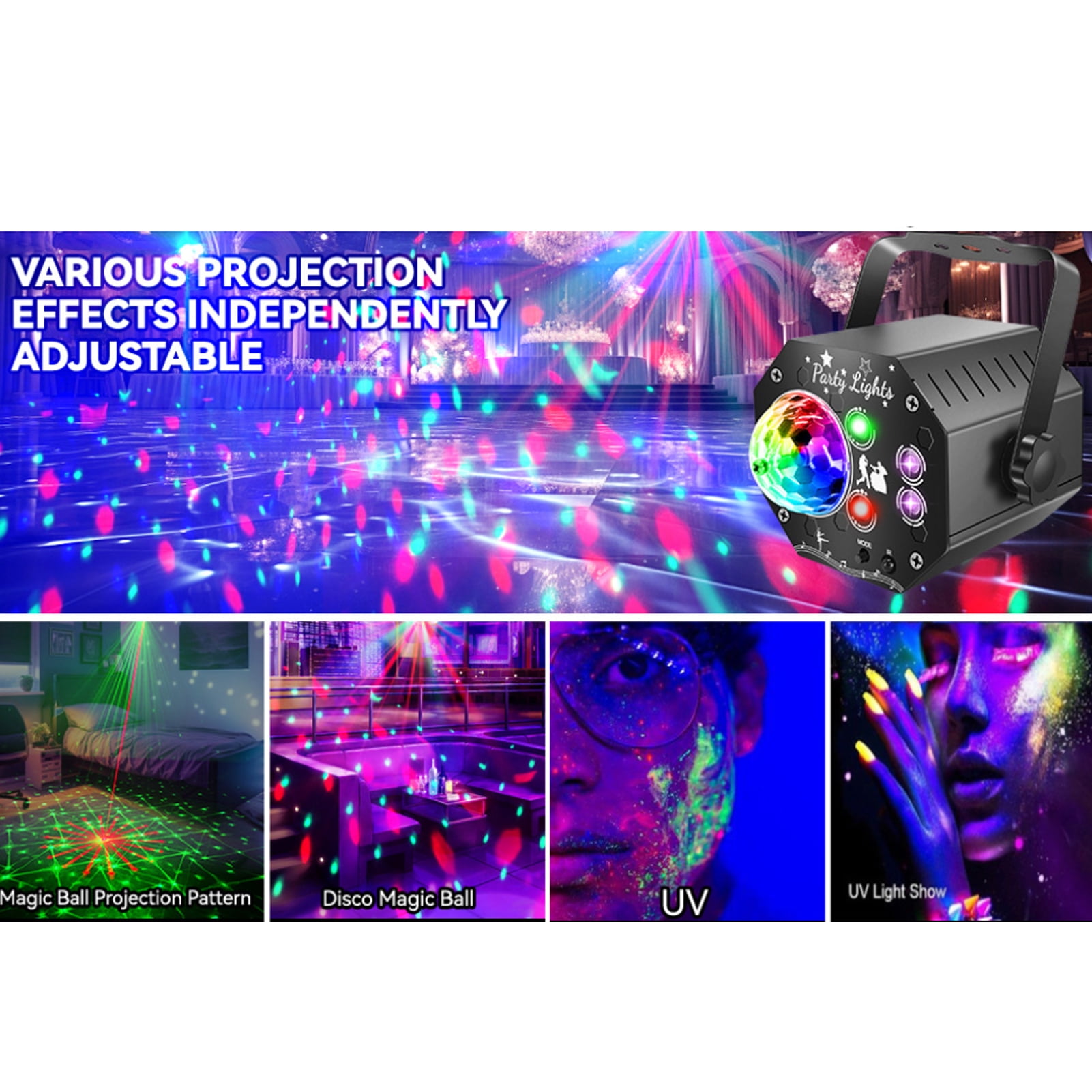 3-in-1 Mini Disco Party Light, RGB LED DJ Light with Strobe, Red & Green Star Projection, Sound Activated, Remote Control