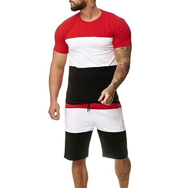 Txlixc Traje de hombre, camiseta de cuello redondo de manga corta + pantalones cortos de cintura de cuerda Txlixc moda