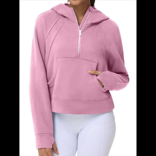 Sudadera con Capucha para Mujer, de Larga, Corta, con Media Cremallera y Bolsillos con Orificio para el Pulgar. Rosa M