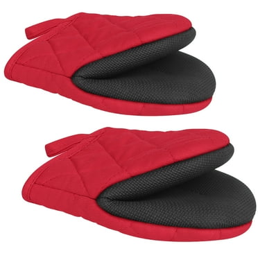TeamSky Short Oven Mitts, Oven Gloves Cooking Mitts Pair Heat Resistant, Pot Holder with Non-Slip Grip and Hanging Loop, Set of 2pcs, Red