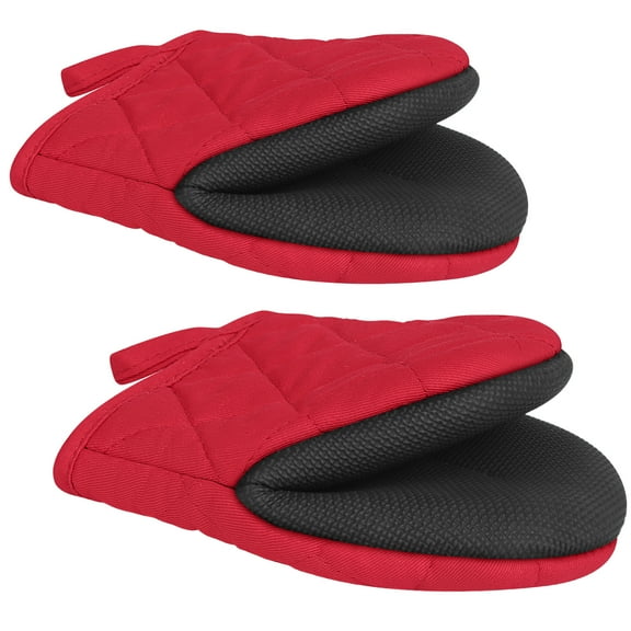 Aomota Short Oven Mitts, Oven Gloves Cooking Mitts Pair Heat Resistant, Pot Holder with Non-Slip Grip and Hanging Loop, Set of 2pcs, Red