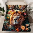 thumbnail image 2 of Feelyou 3D Wildlife Lion Queen Sheet Sets for Kids, Tropic Flower Leaves Botanical Flat Sheet, Kawaii Animal Queen Fitted Sheet, Breathable Home Decor, 4pcs, 2 of 7