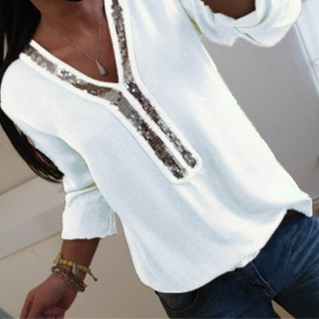 Women Sequins Plus Size Office Top Blouse V Neck Casual Loose T-Shirt Tee White Size