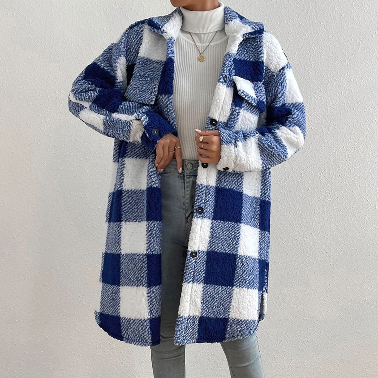 vdgthytj Womens Long Fleece Plaid Jacket Cozy Lapel Button down