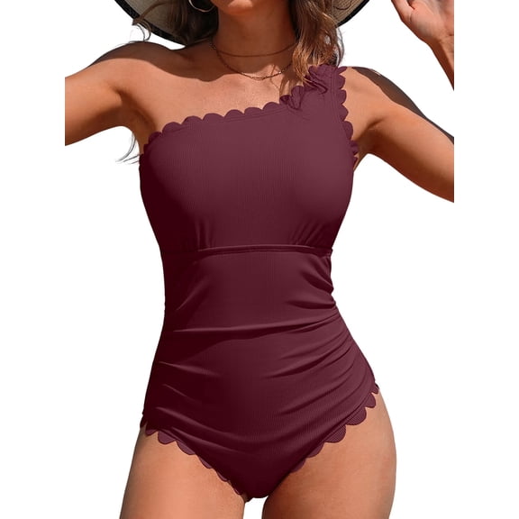 Asoul Ribbed One Piece Swimsuit for Women One Shoulder Scalloped Bathing Suits Tummy Control Swim Suit Monokini Swimwear