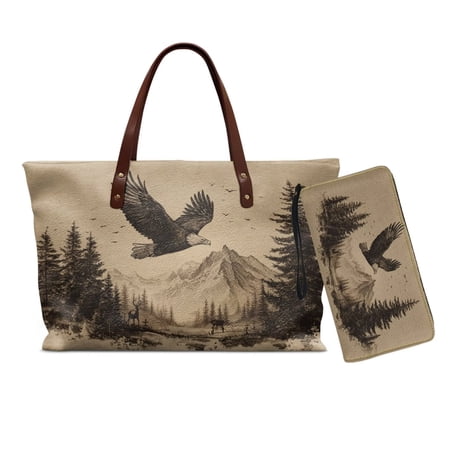 ZUXONGSY Deer Forest Print Handbag and Wallet Set for Lady Women s Large Handbag and Wallet Set PU Leather Tote Bag with Zipper 2 Pcs
