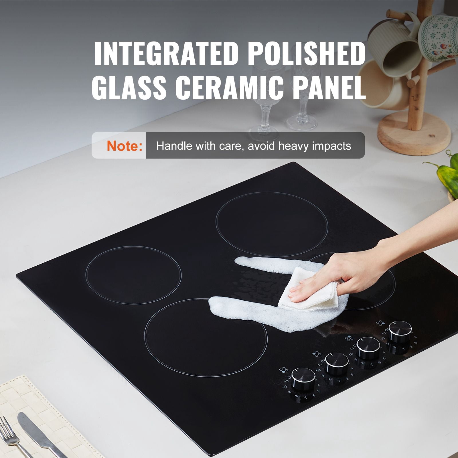24 inch Electric Cooktop Built-in Stove Burner, 220-240V, Power 6000 W, 6000W High Power, 6000W Ceramic Top Radiant Cooktop, Safer routing, cleaner installation, and dependable power management