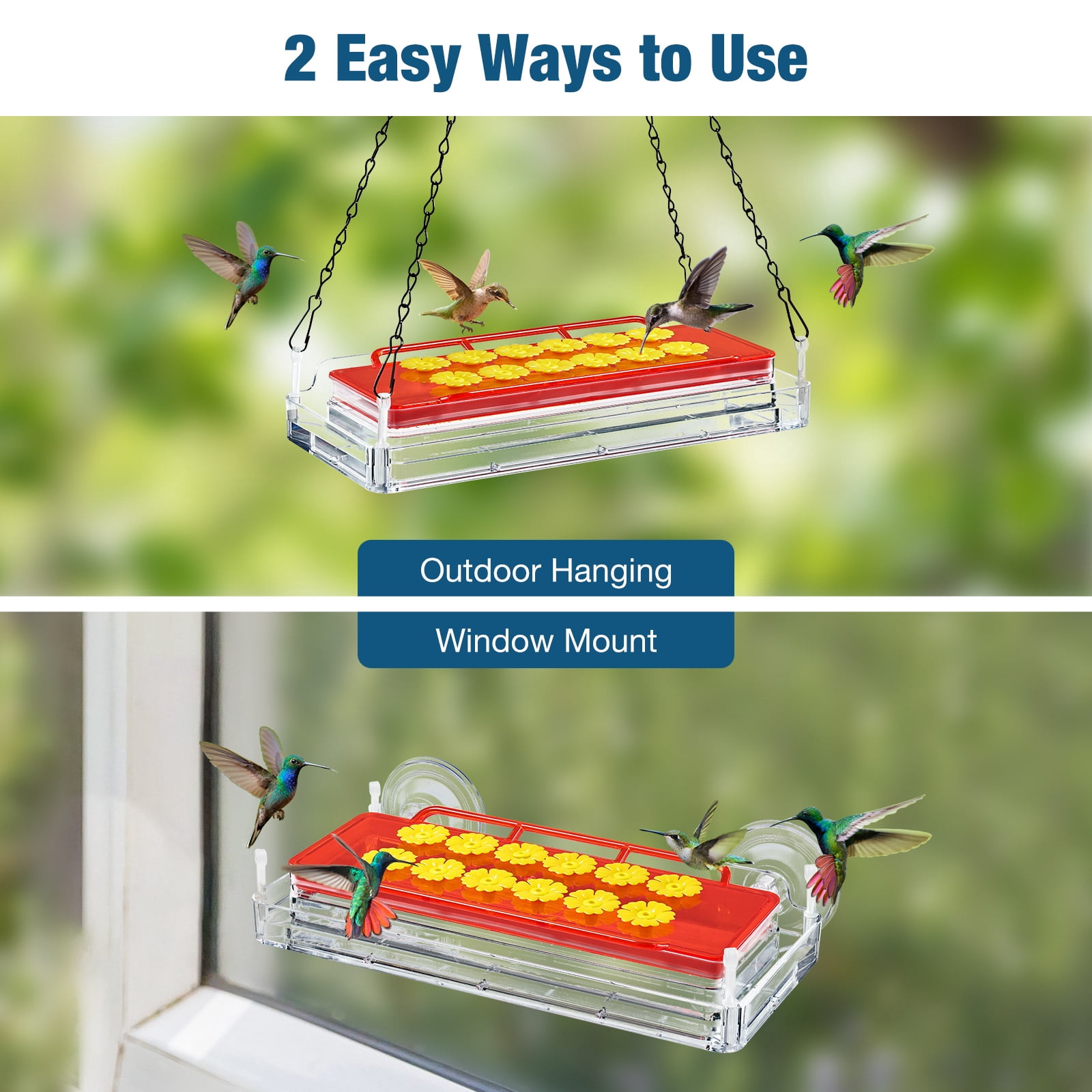 Kingsyard Dual-Use Hummingbird Feeder for Outdoors Hanging & Window Installation, 26 oz, 12 Ports
