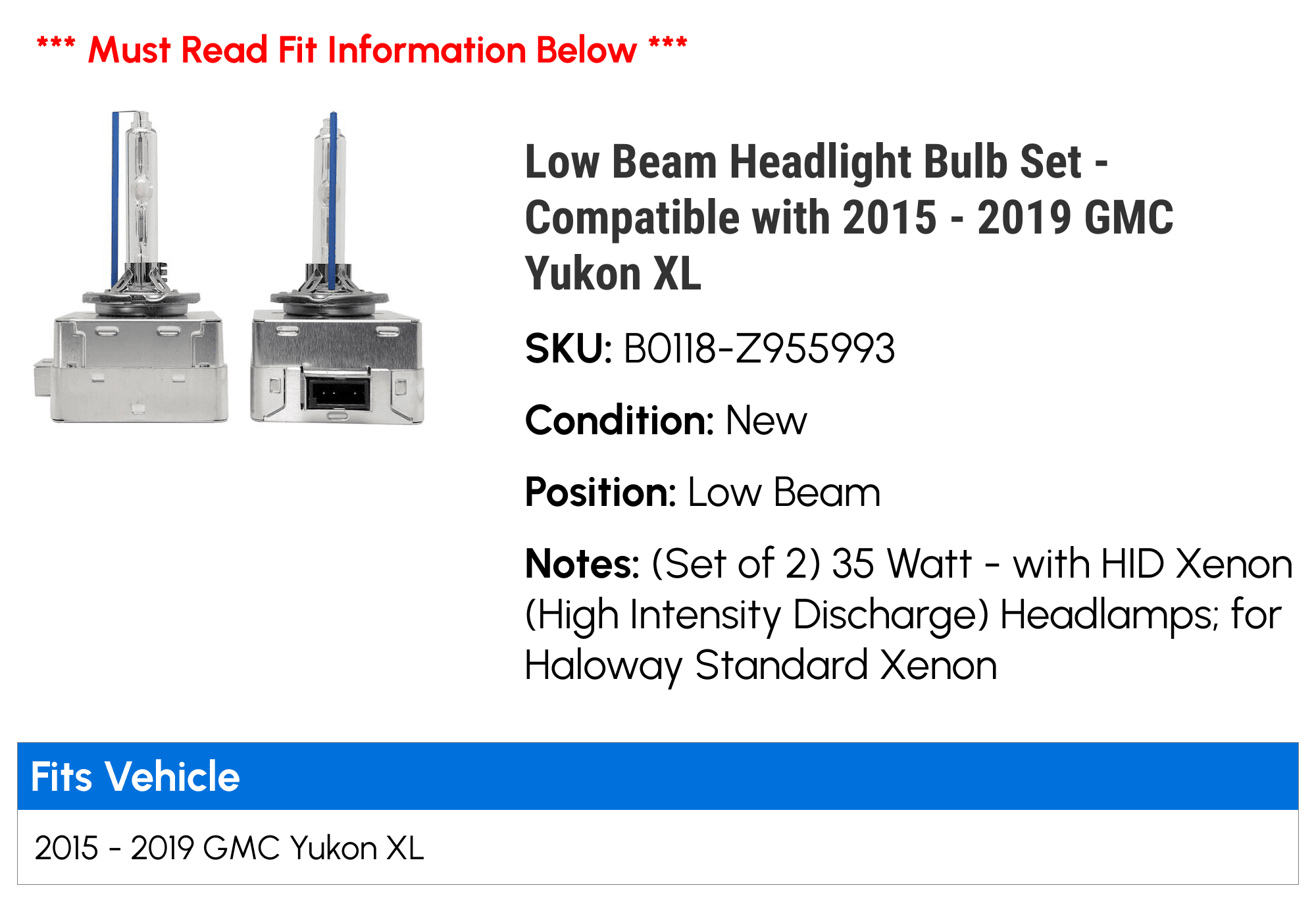 Low Beam Headlight Bulb Set - Compatible with 2015 - 2019 GMC Yukon XL 2016 2017 2018