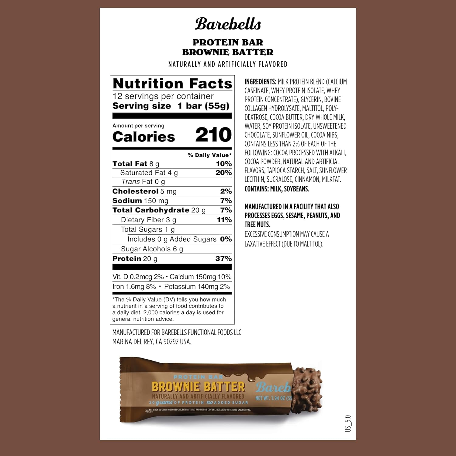 Barebells Protein Bar Brownie Batter – 55g High Protein Chocolate Bar – Low Sugar Brownie Flavor Snack – On-The-Go or Post-Workout Treat
