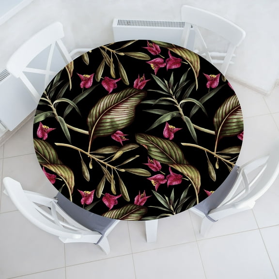 Ambesonne Tropical Fitted Round Tablecloth, Exotic Leaves Pink Flowers, 36"- 40" Diameter, Raspberry and Olive Green