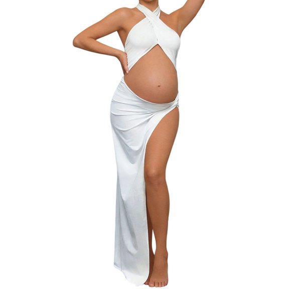 Gyujnb Maternity Photoshoot Dress Halter Neck Cutout High Slit Bodycon Maxi Pregnancy Party Gown,M