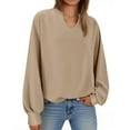 thumbnail image 2 of Women's Pullover Sweatshirt Round Neck Solid Color Loose Long Sleeved Fall Winter Clothes Beige S-2XL, 2 of 7