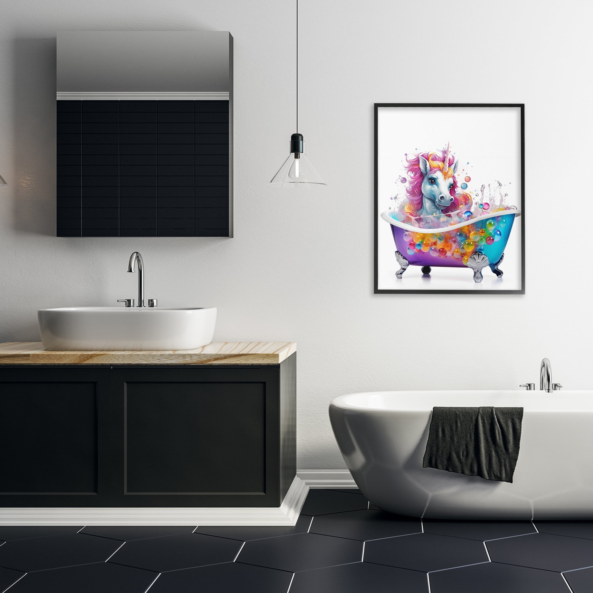 Stupell Industries Rainbow Bubbles Unicorn Typography Painting Black Framed Art Print Wall Art, 24 x 30