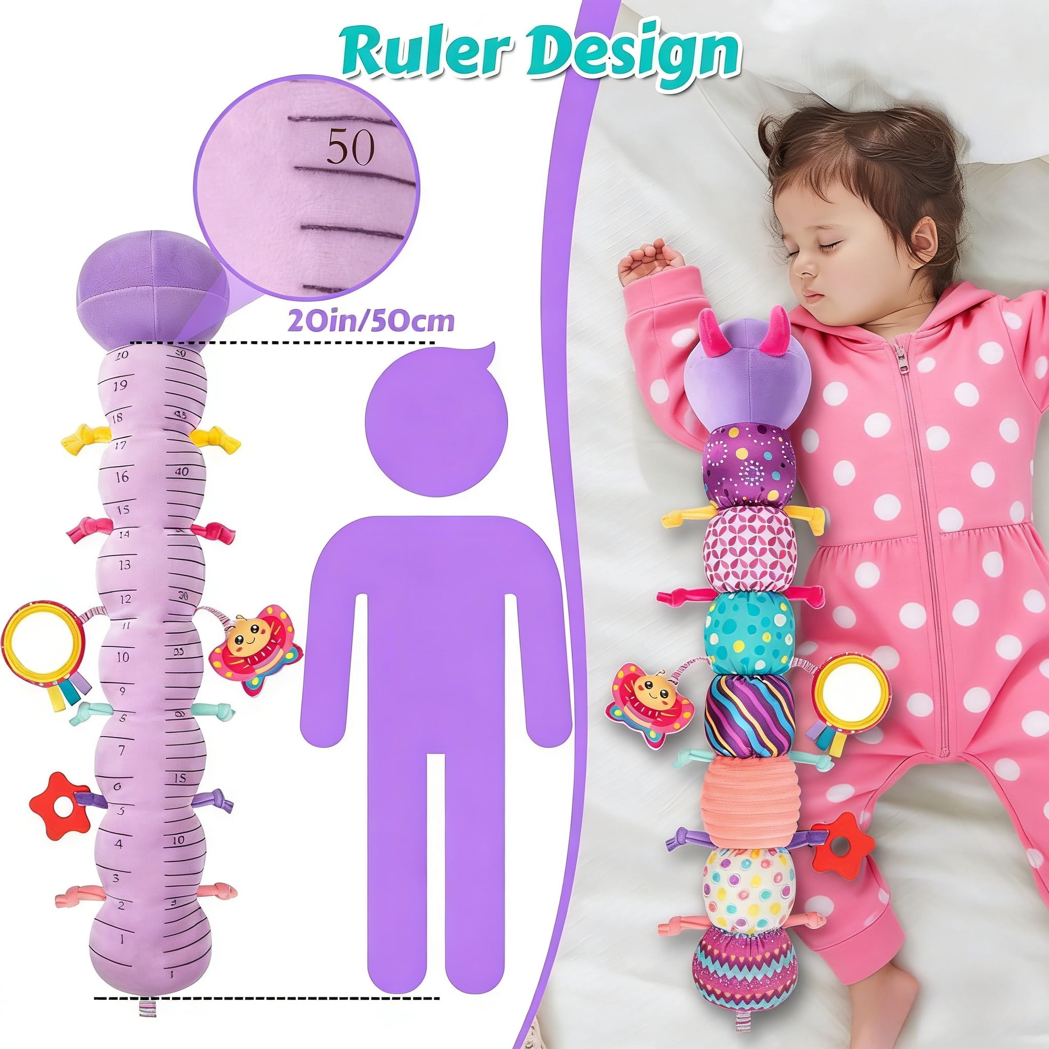 Baby Girls Toys 0-6 Months,6-in-1 Infant Musical Caterpillar Toys Stuffed Animals with Ruler Design,Mirror,Pull String&Ring Bell,Baby Girl Gift, Baby Girl Toys 6 to 12 Months