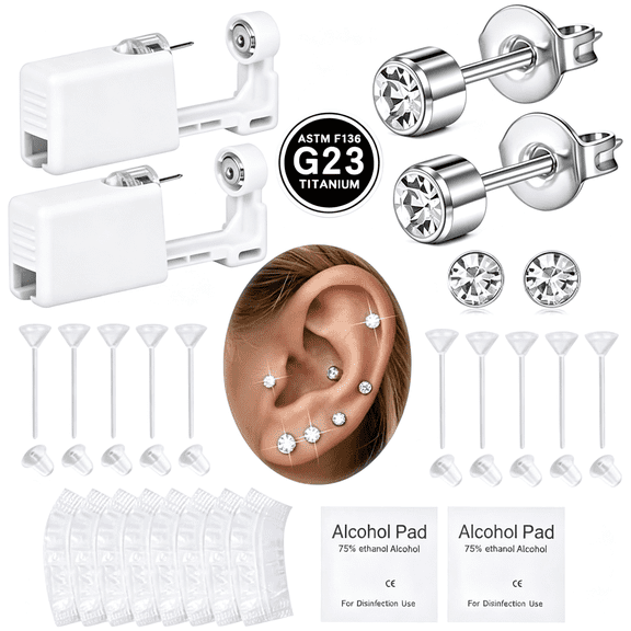 EXLEAF Titanium Ear Piercing Kit, Astm F136 Implant Grade 3Mm 4Mm Cz Studs for Sensitive Ears, Professional Painless Home Piercer, Hygienic Disposable with 8 Ear Covers & 10 Clear Studs