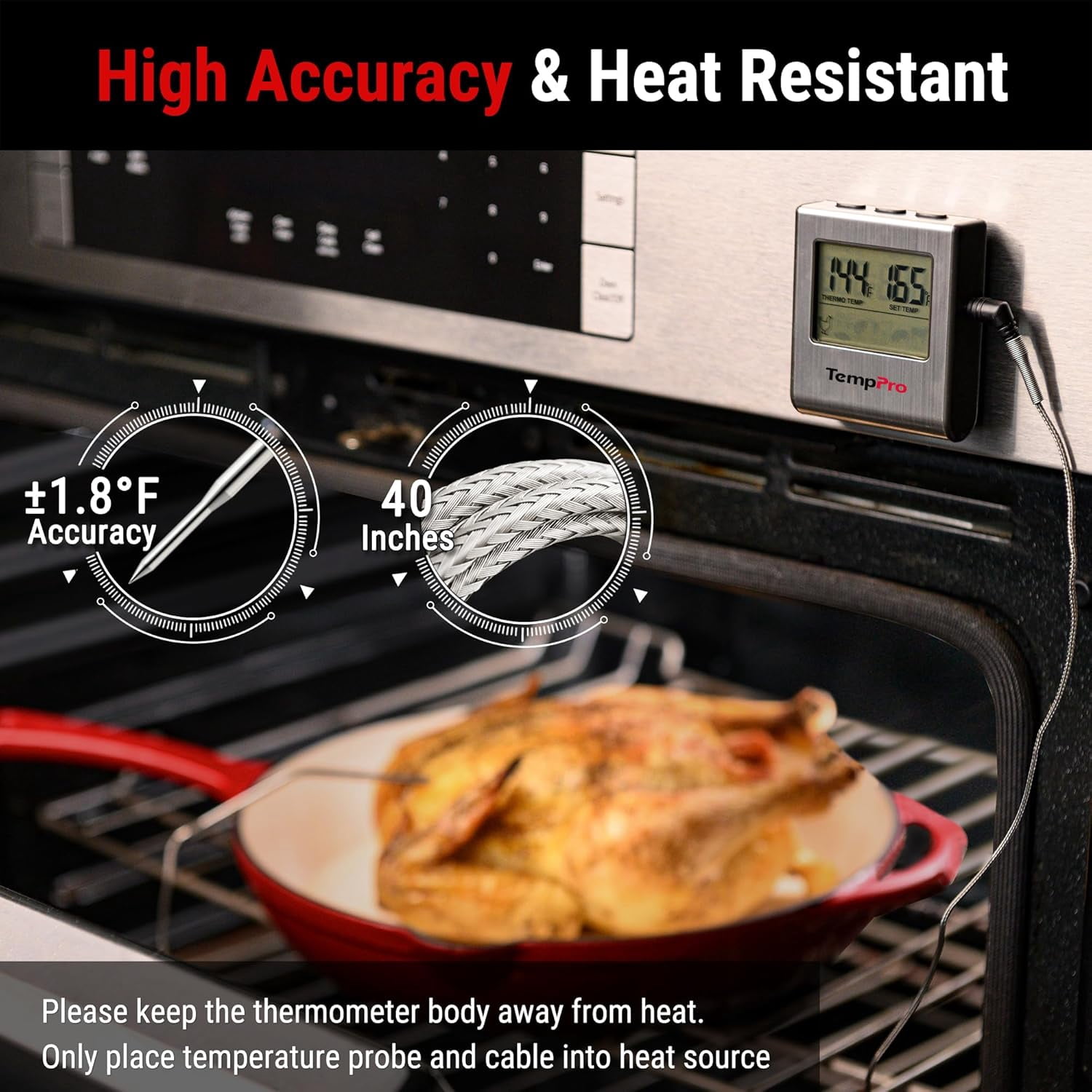 TP16 Large LCD Digital Cooking Food Meat Thermometer for Smoker Oven Kitchen BBQ Grill Thermometer Clock Timer with Stainless Steel Temperature Probe(Previously ThermoPro)