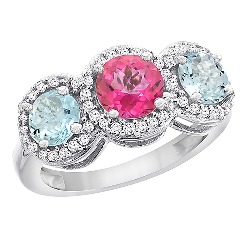 10K White Gold Natural Pink Topaz & Aquamarine Sides Round 3-stone Ring Diamond Accents, sizes 5 10 by WorldJewels