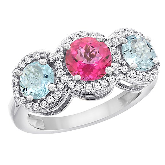14K White Gold Natural Pink Topaz & Aquamarine Sides Round 3-stone Ring Diamond Accents, size 8