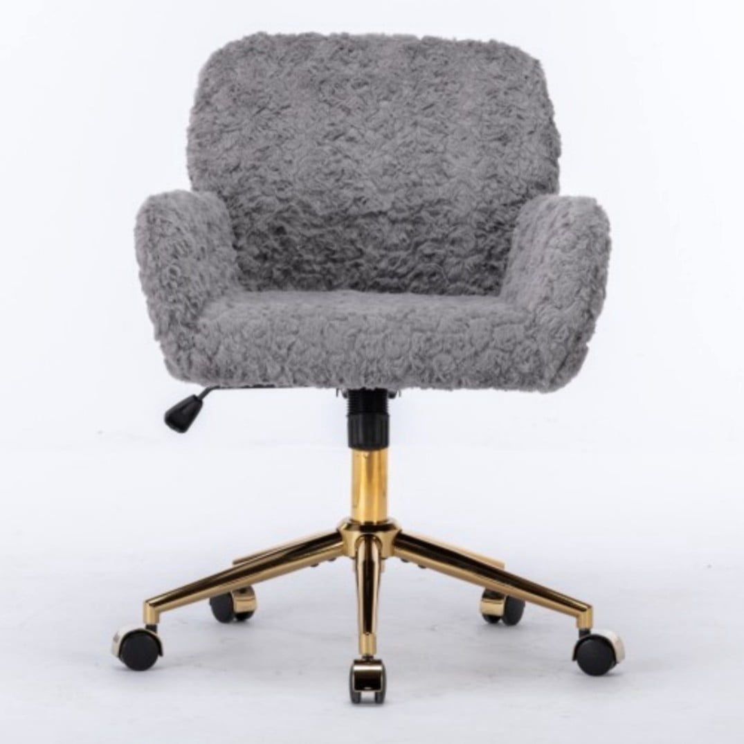 Office Chair, Faux Rabbit Fur Home Office Desk Chair with Golden Metal Base, Adjustable Height, 360° Swivel Reclining Vanity Chair, Gray