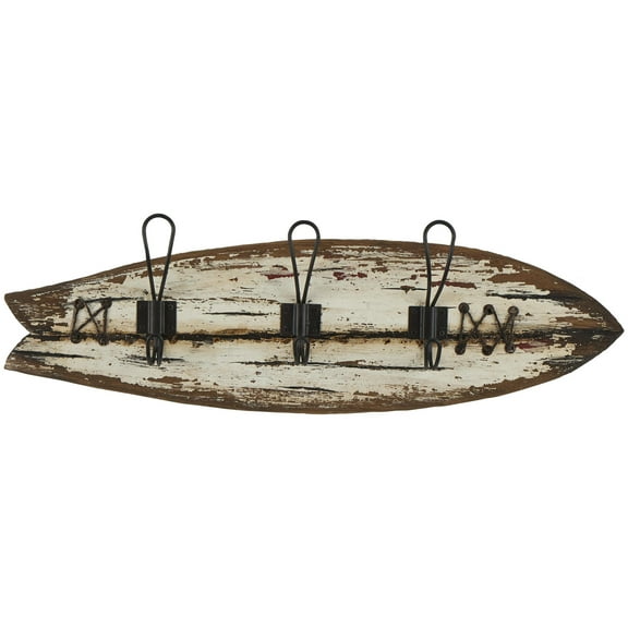 DecMode 23" x 7" Brown Wood Handmade Distressed Fish Shaped 3 Hanger Surfboard Wall Hook with Metal Accents, 1-Piece