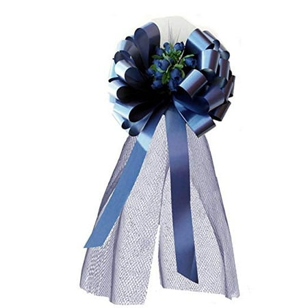 Navy Blue Bow - Navy Blue Wedding Pull Bows with Tulle Tails and Rosebuds - 8