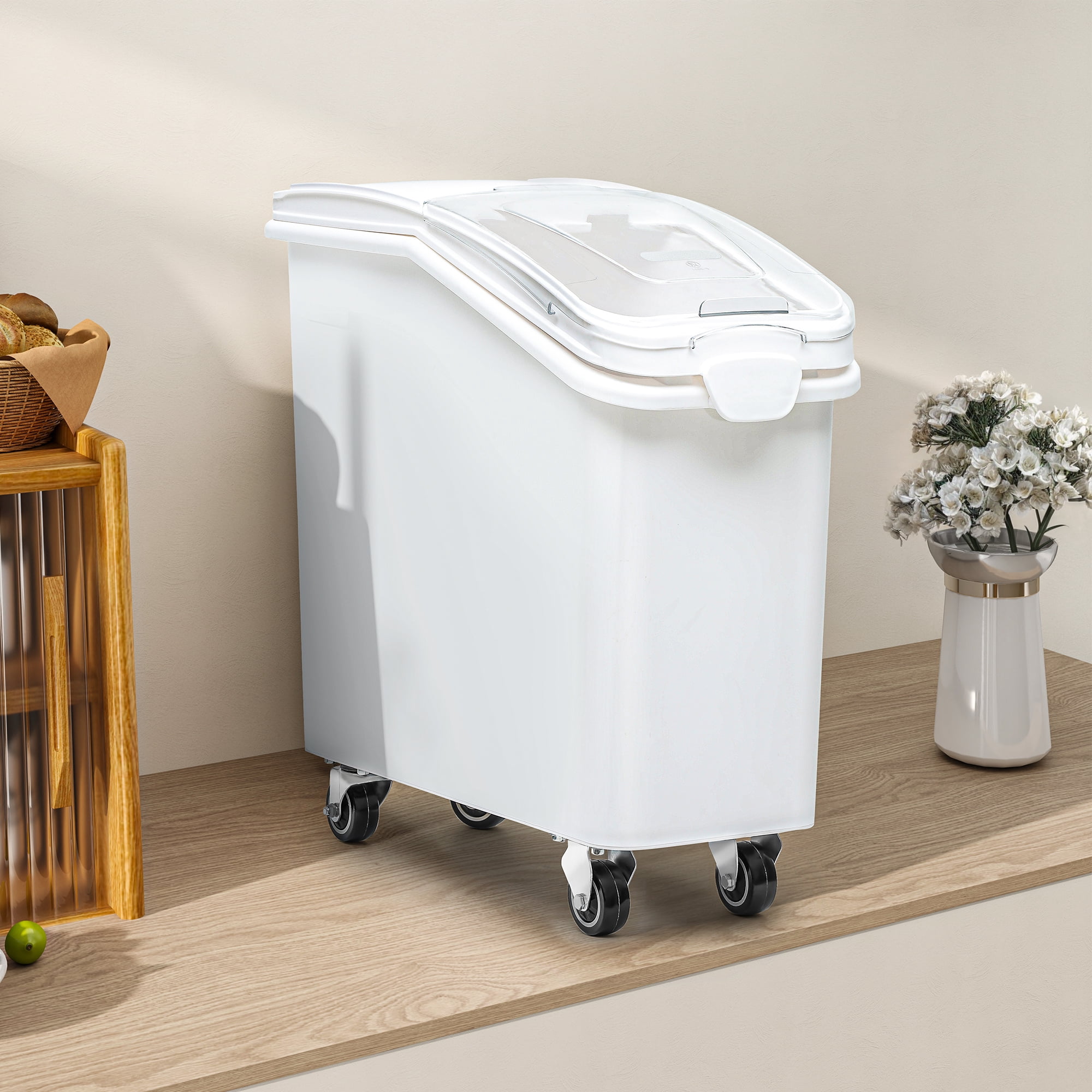 Uforic 27 Gal Large Ingredient Storage Bin, 625 Cups Commercial Food Container, Bulk Flour Storage Bin with 360° Wheels, Scoop and Lid, Kitchen Dry Food Storage Bin, White