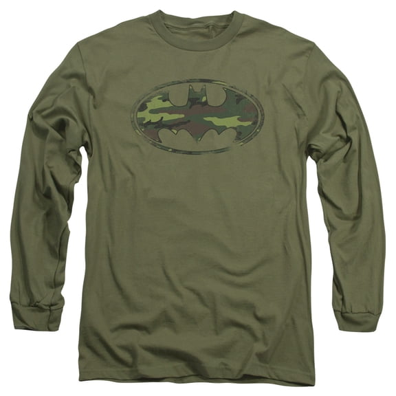 Batman Distressed Camo Shield Long Sleeve Adult 18/1 T-Shirt Military Green
